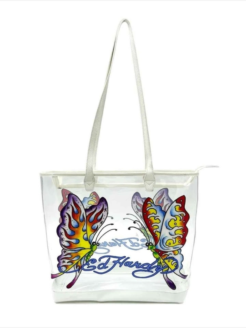 Ed Hardy Clear Tote with Multicolor Butterfly Print
